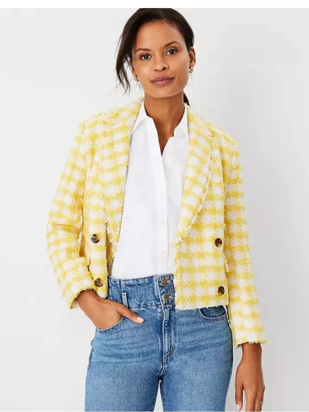 Ann Taylor Yellow and White Plaid Cropped Double Breasted Blazer